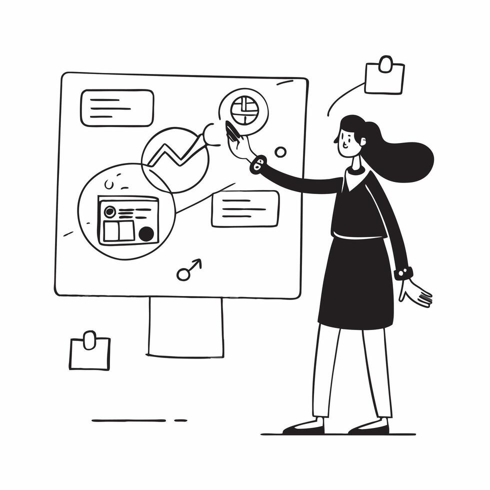 Businesswoman analyzing data on holographic screen concept as A businesswoman in a modern office analyzing data displayed on a holographic screen representing digital transformatio v1 vector