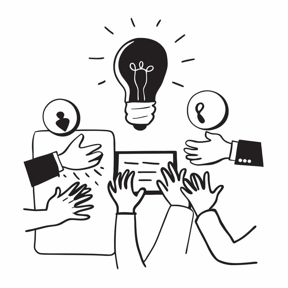 Business team with light bulb concept as A business team with a glowing light bulb in the center symbolizing the collective generation of new ideas for the company in Photo Stock v1 vector