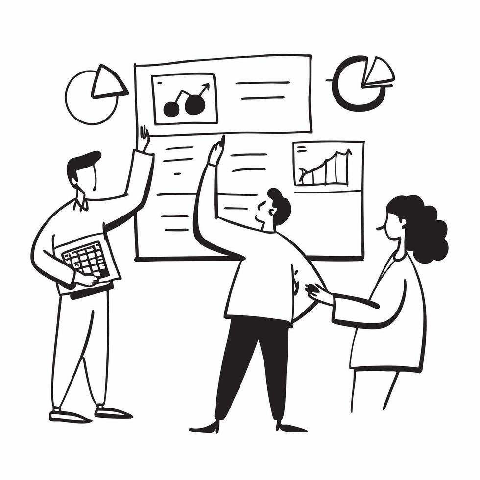 Business team reviewing financial charts and graphs concept as A business team reviewing financial charts and graphs emphasizing analysis strategic planning and cost saving measure Clean Version 2 vector