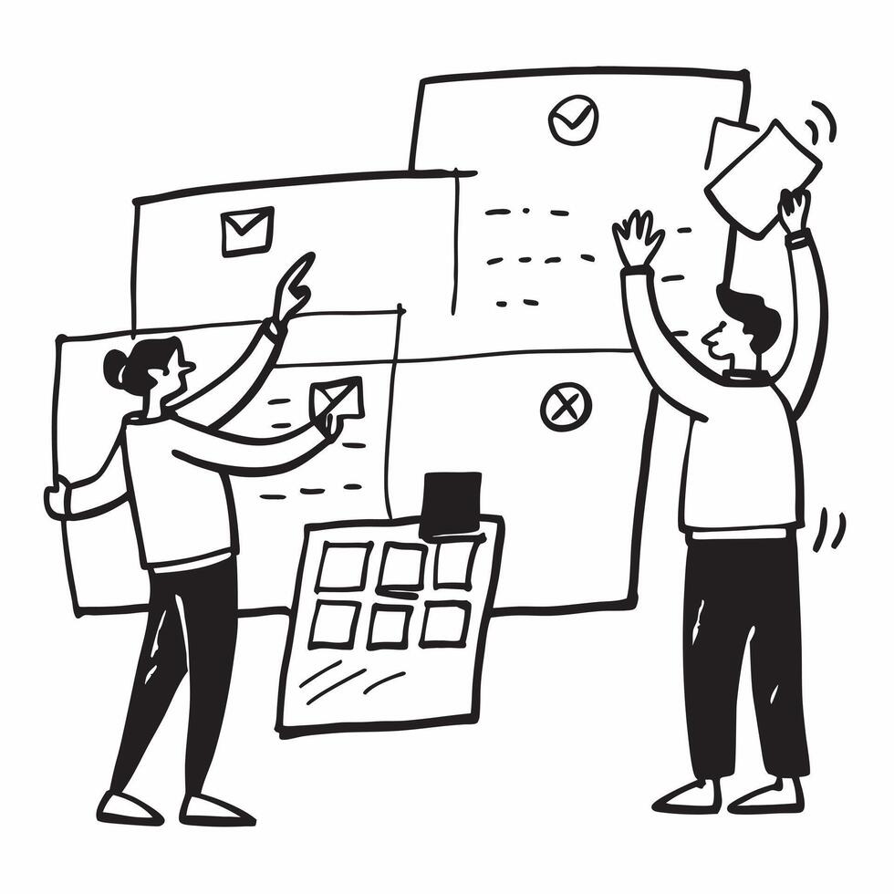 Business team brainstorming cost cutting measures concept as A business team brainstorming cost cutting measures with sticky notes on a wall representing creativity collaboration a v1 vector