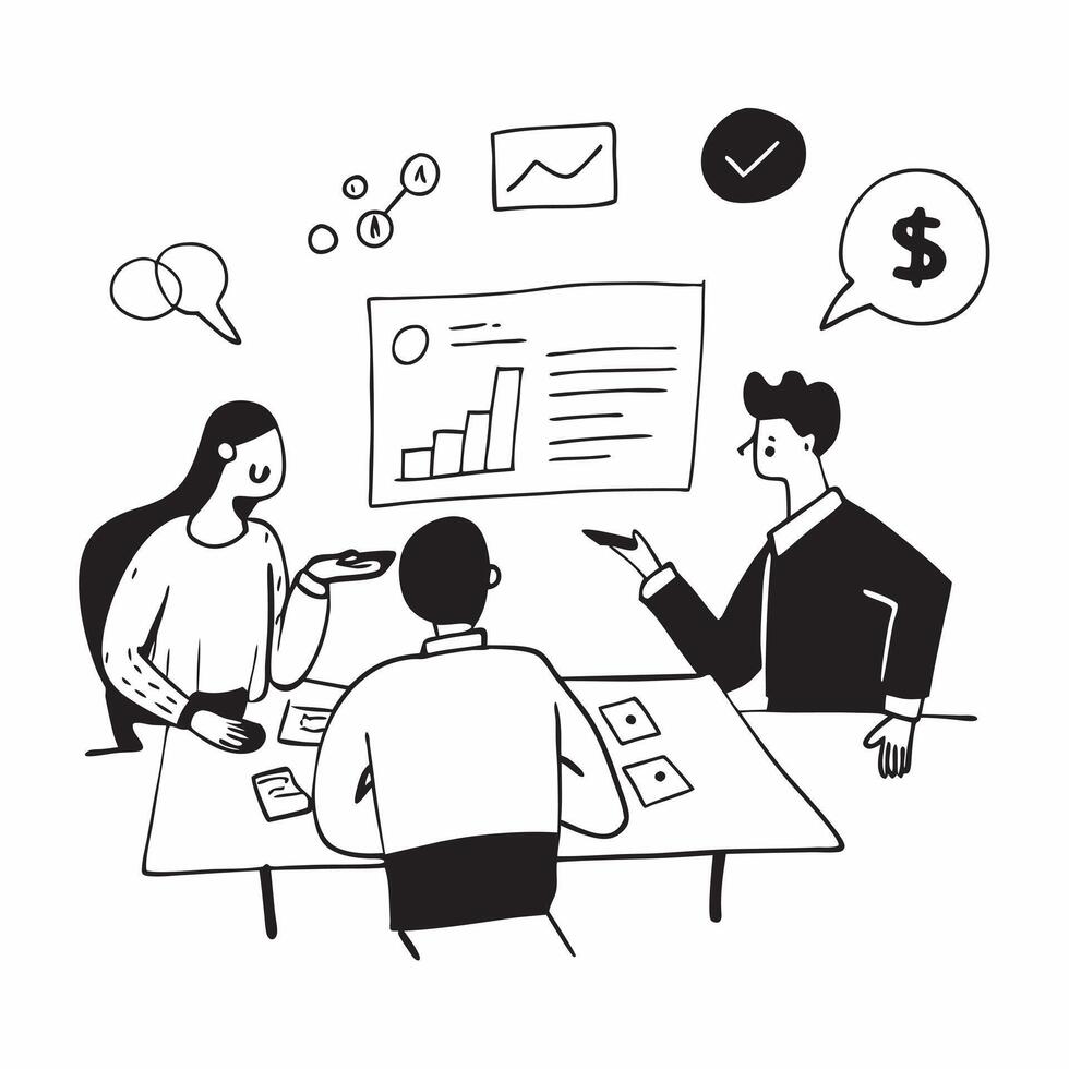 Business team discussing cost saving strategies concept as A business team gathered around a table discussing cost saving strategies with charts and graphs highlighting collaborati v1 vector