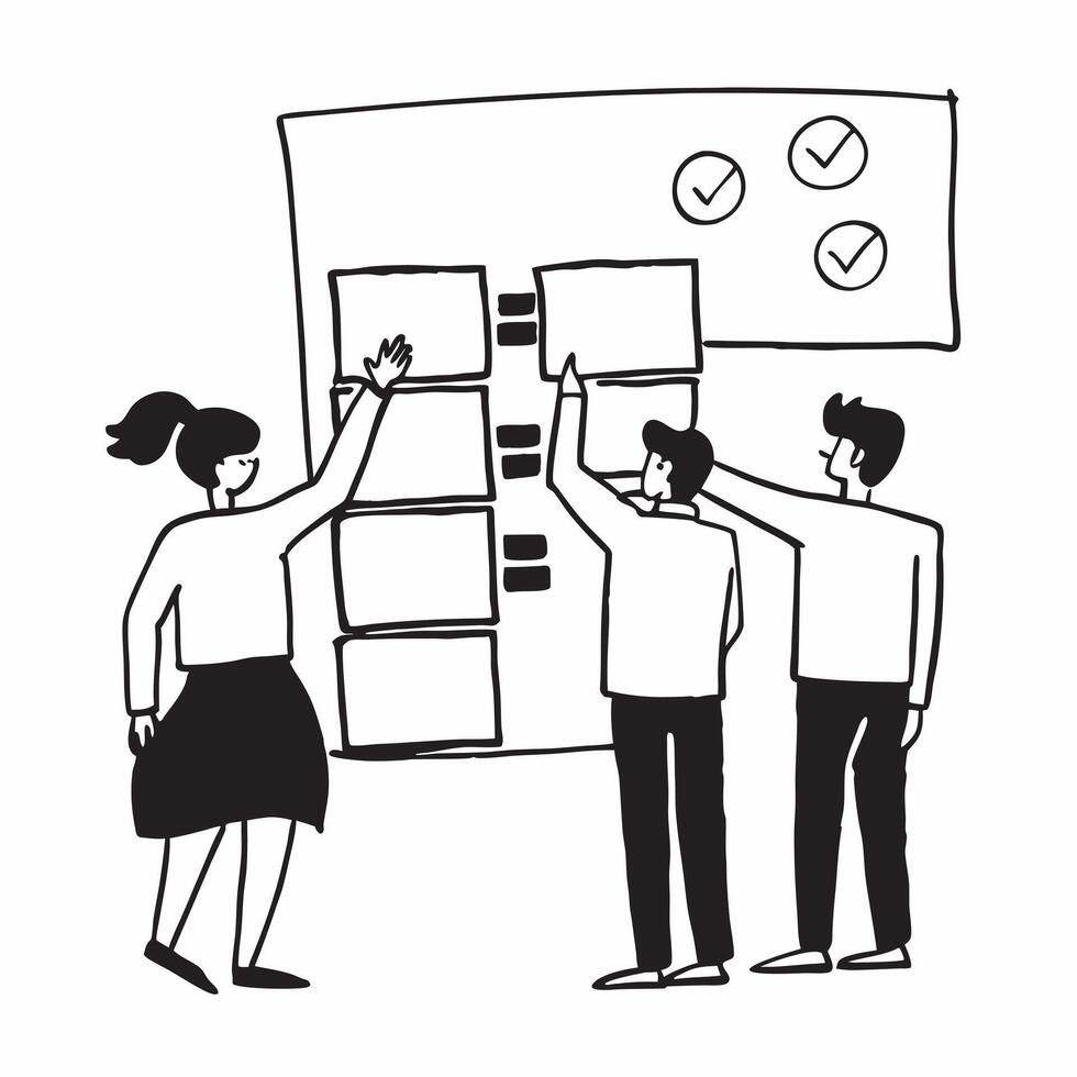 Business team brainstorming cost cutting measures concept as A business team brainstorming cost cutting measures with sticky notes on a wall representing creativity collaboration a Clean Version 2 vector