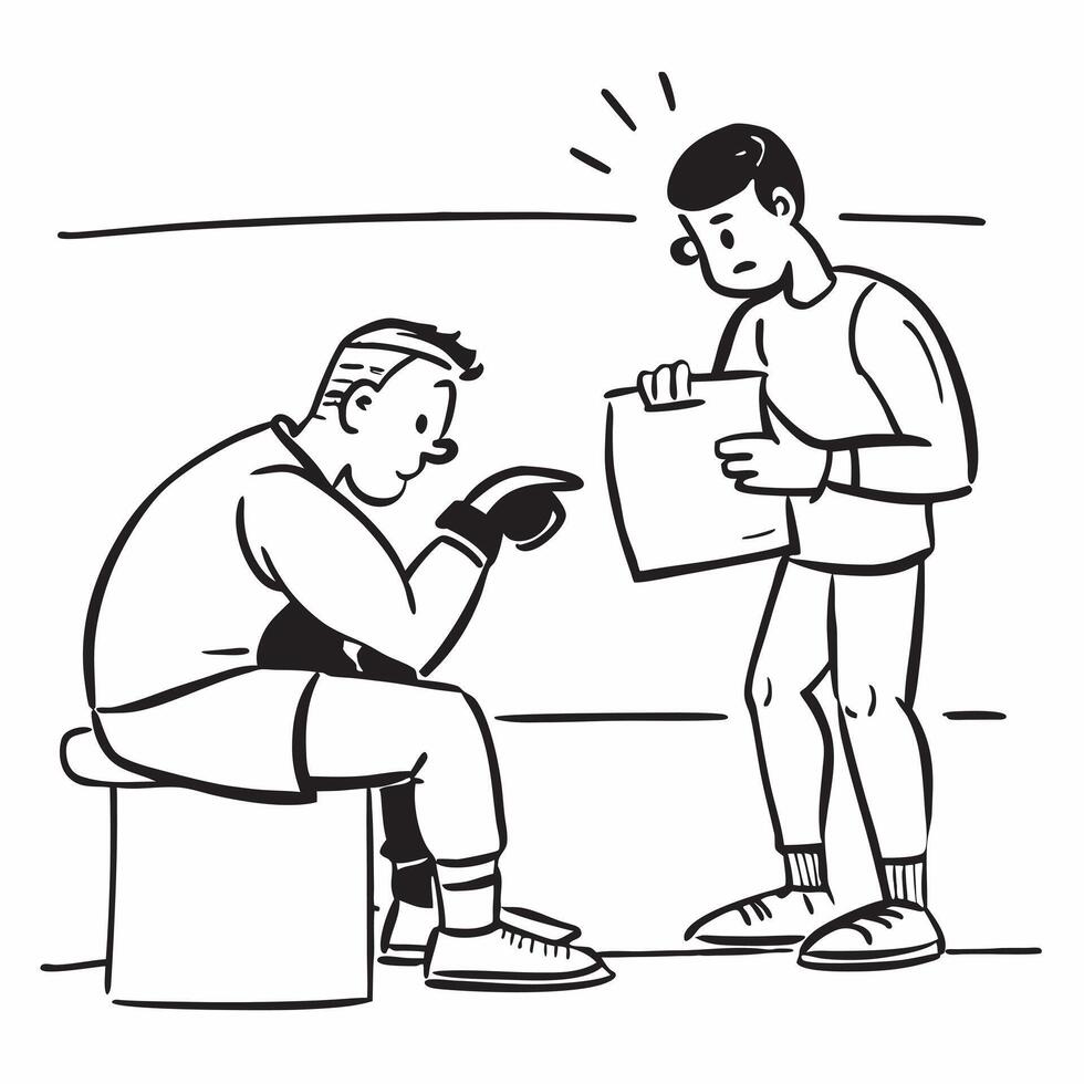 Boxer sitting in the corner with a coach concept as A boxer sitting in the corner receiving advice and support from the coach between rounds emphasizing recovery and strategy in P v1 vector