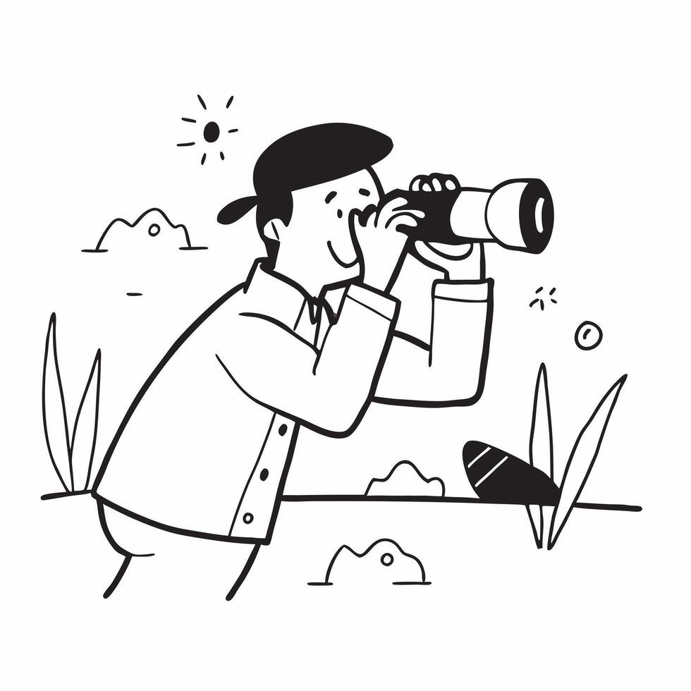 Birdwatching with binoculars concept as A man birdwatching with binoculars in a nature reserve capturing the patience and attention to detail involved in this serene hobby in Phot v1 vector