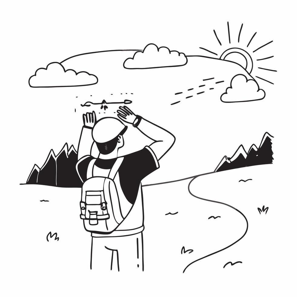 Backpacker with sunrise view concept as High resolution image of a backpacker enjoying a sunrise view from a trail with a glossy backdrop capturing the beauty and tranquility of th Clean Version 2 vector