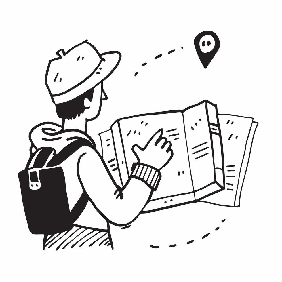 Backpacker with map concept as High resolution image of a backpacker studying a map on a trail with a glossy backdrop capturing the spirit of exploration and adventure in backpacki Clean Version 2 vector