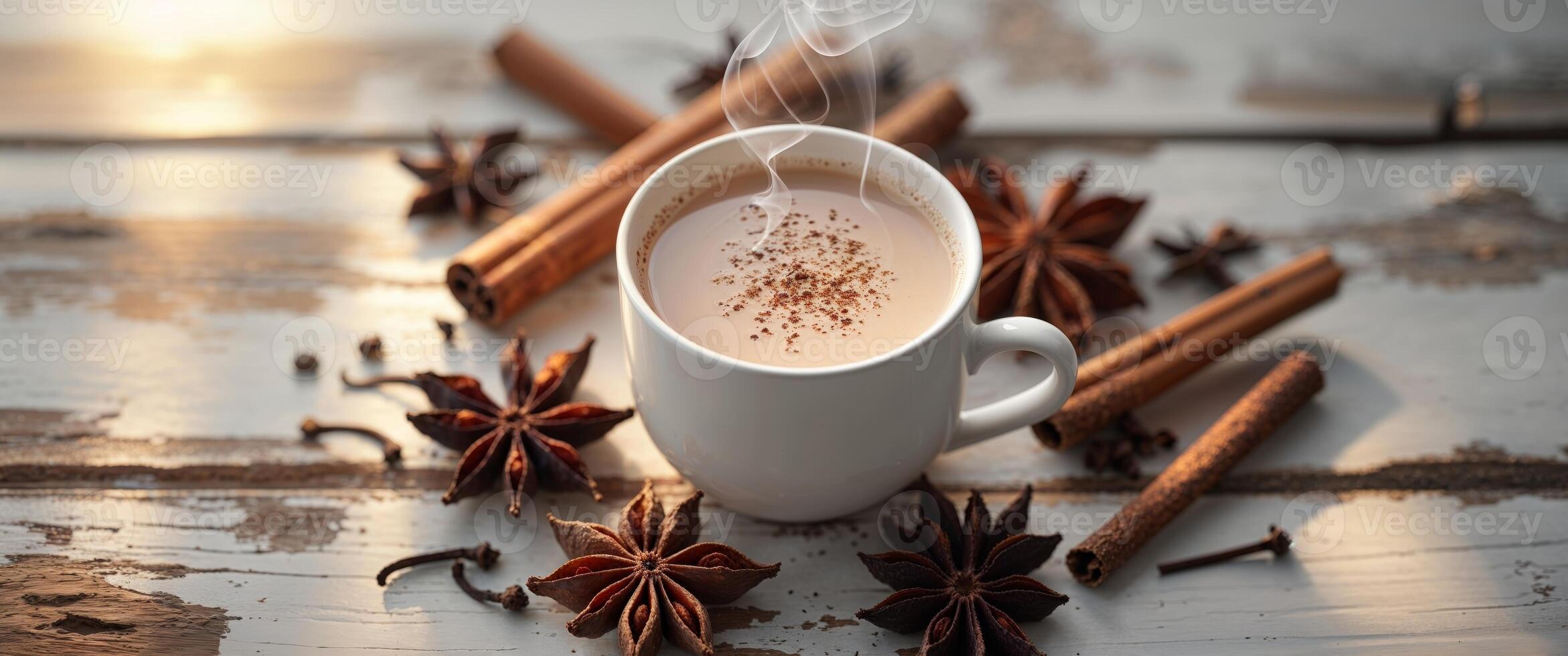 Hot chocolate with cinnamon and star anise on wooden table photo