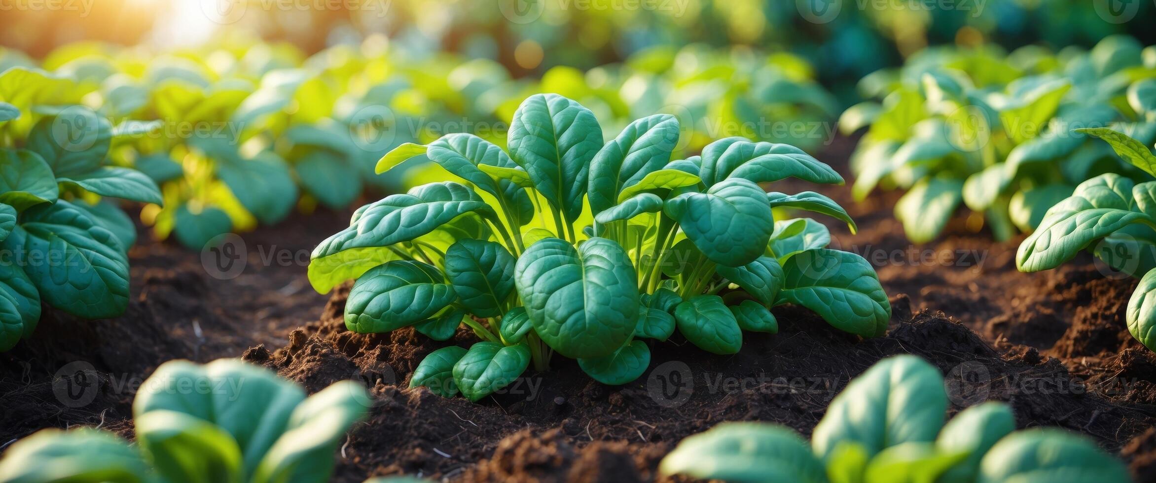 A field of spinach plants growing in the sun photo