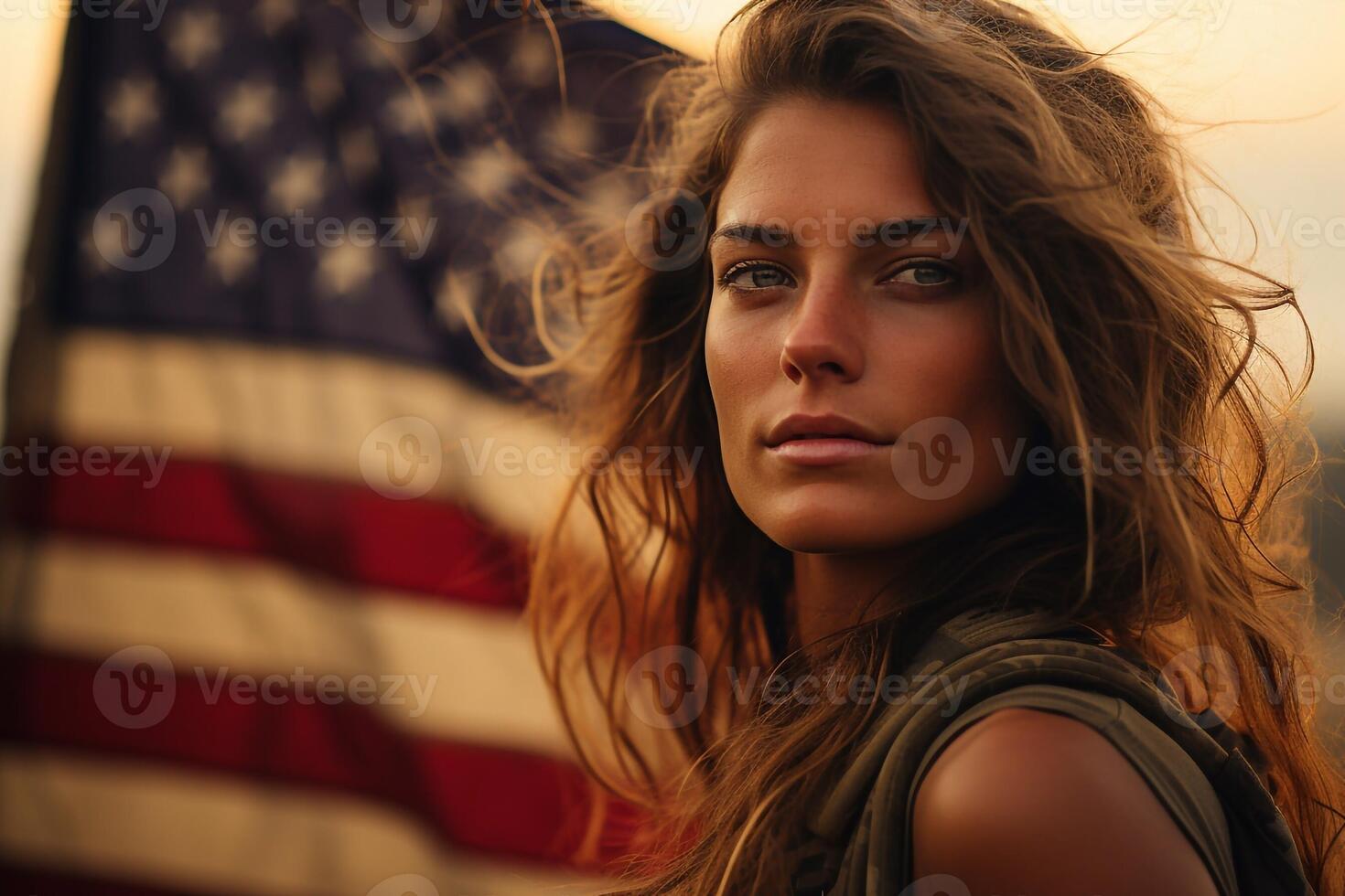 Cheerful female soldier smiling and waving her hand proudly while standing outside her home. Patriotic American servicewoman coming back home after serving her country in the military. photo