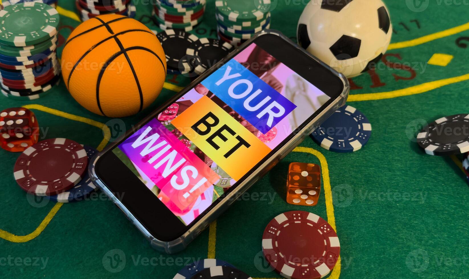 Online poker concept. Smartphone and poker chips on a green background. Poker online banner. Copy space. Vignette. Place for text. Gambling. Background photo