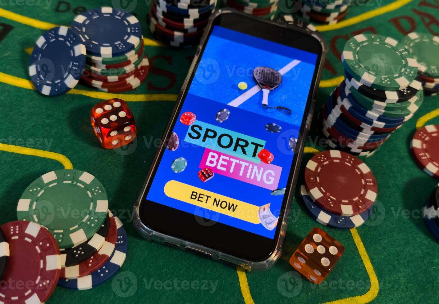 Online Poker casino banner with a mobile phone, chips, playing cards and dice. Marketing Luxury Banner Jackpot Online Casino with New model Smartphone. Empty advertising poster. photo