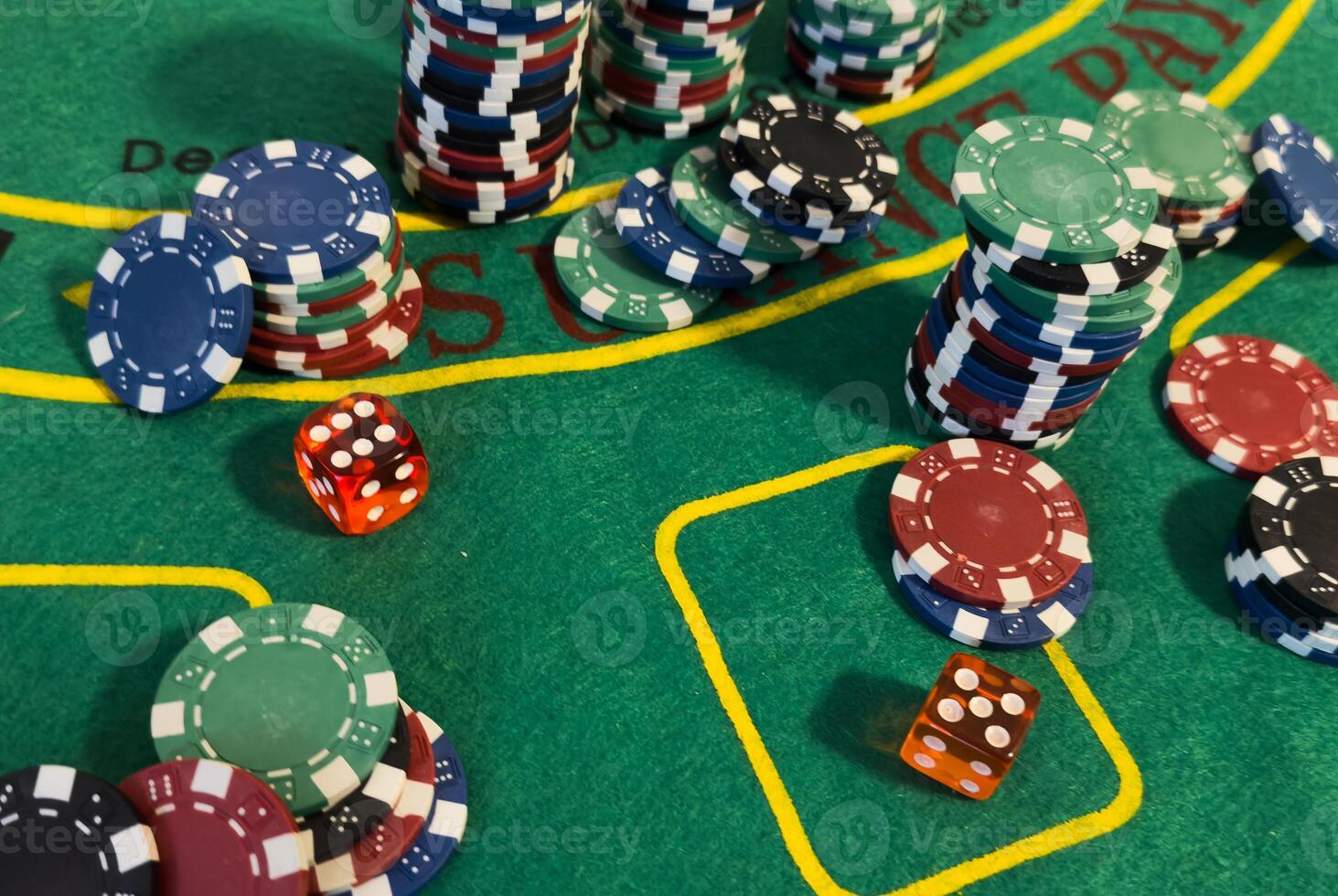 Casino chips and dice view. photo