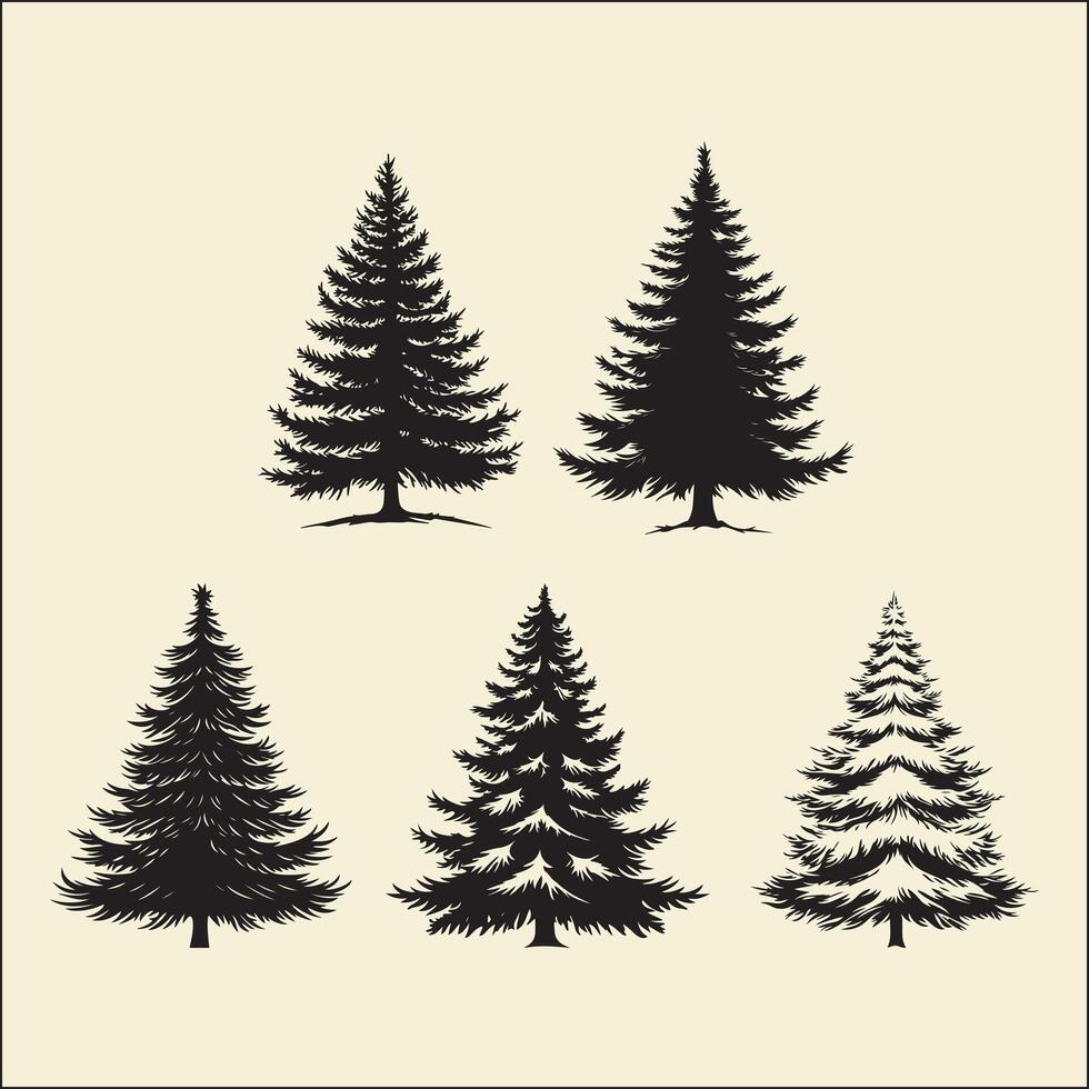 Snowy pine tree set silhouette vector