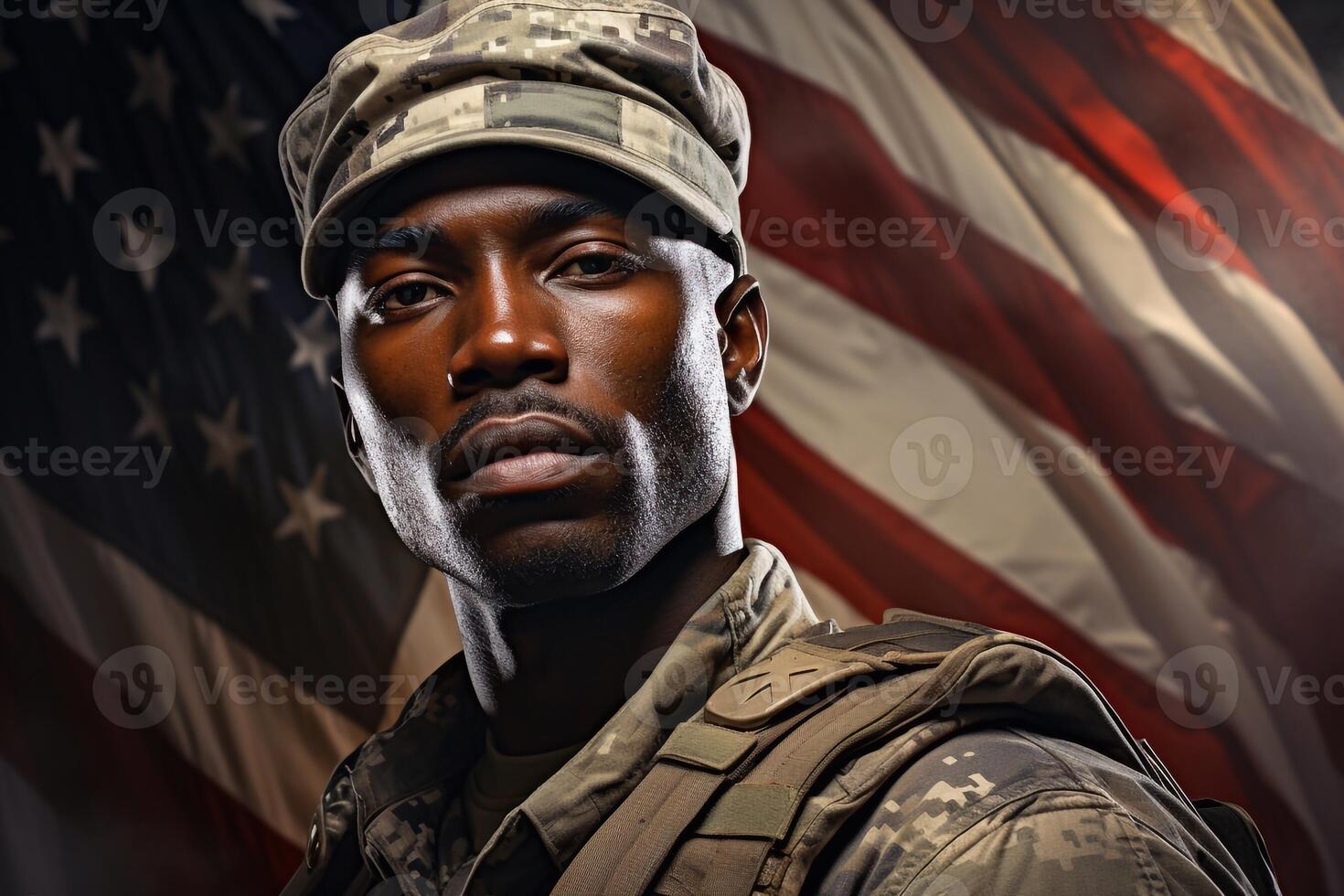Cadet with backpack and tablet against American flag. Military education photo