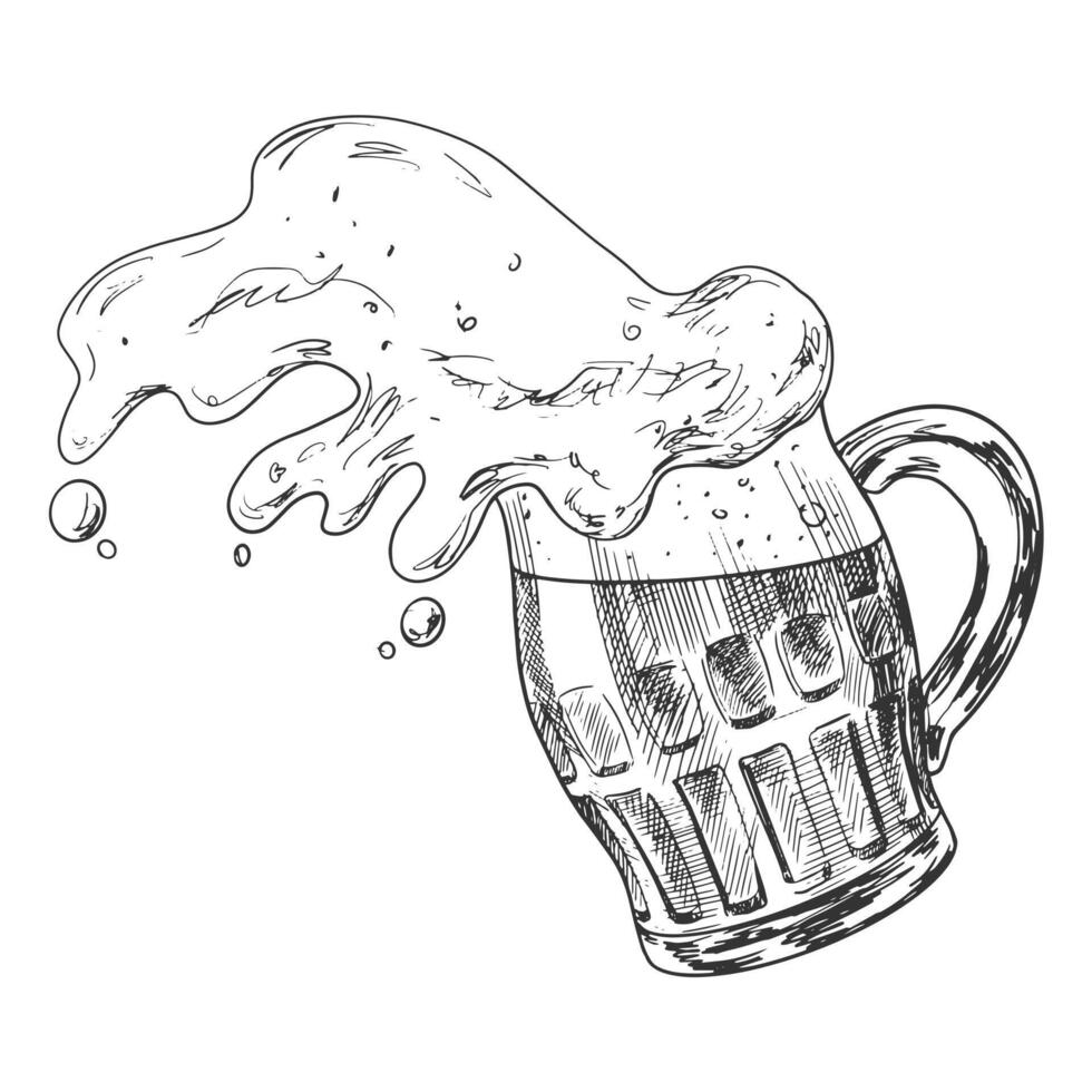 Glass of spilled beer. Pint glassware. Oktoberfest illustration. Sketch style mug of foaming beer. Engraved illustrations for pub menu. vector