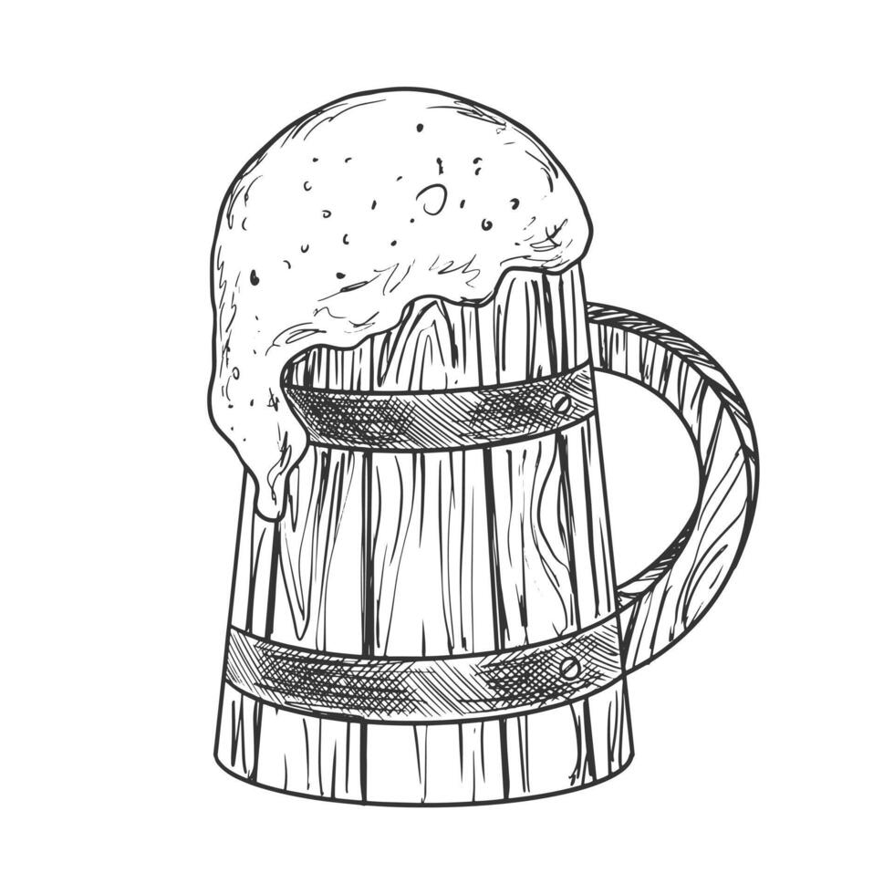 Wooden beer mug. Sketch style beer with foam. Wooden tankard on white background. Engraved style illustration. vector