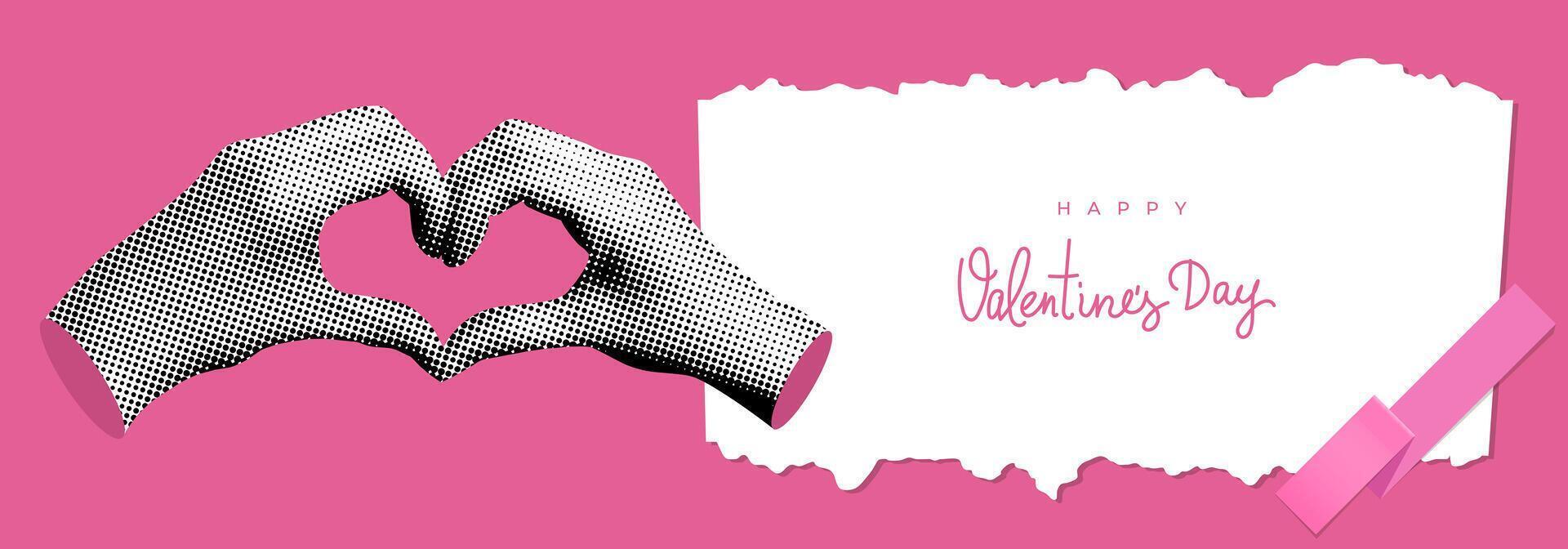 Modern collage. Halftone heart hands and torn paper. Happy Valentines day banner. Trendy vintage newspaper body parts. Comic style hands. Heart shaped hands vector