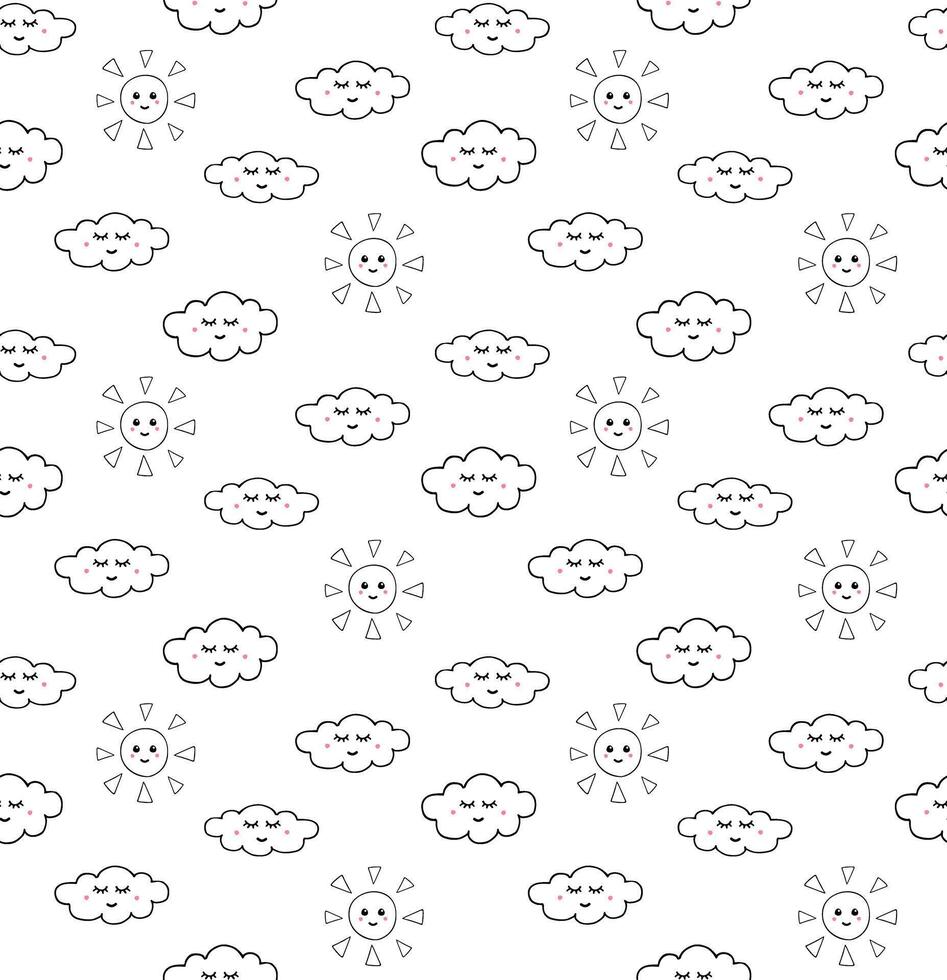 Seamless pattern of hand drawn doodle sketch clouds and sun with face isolated on white background vector