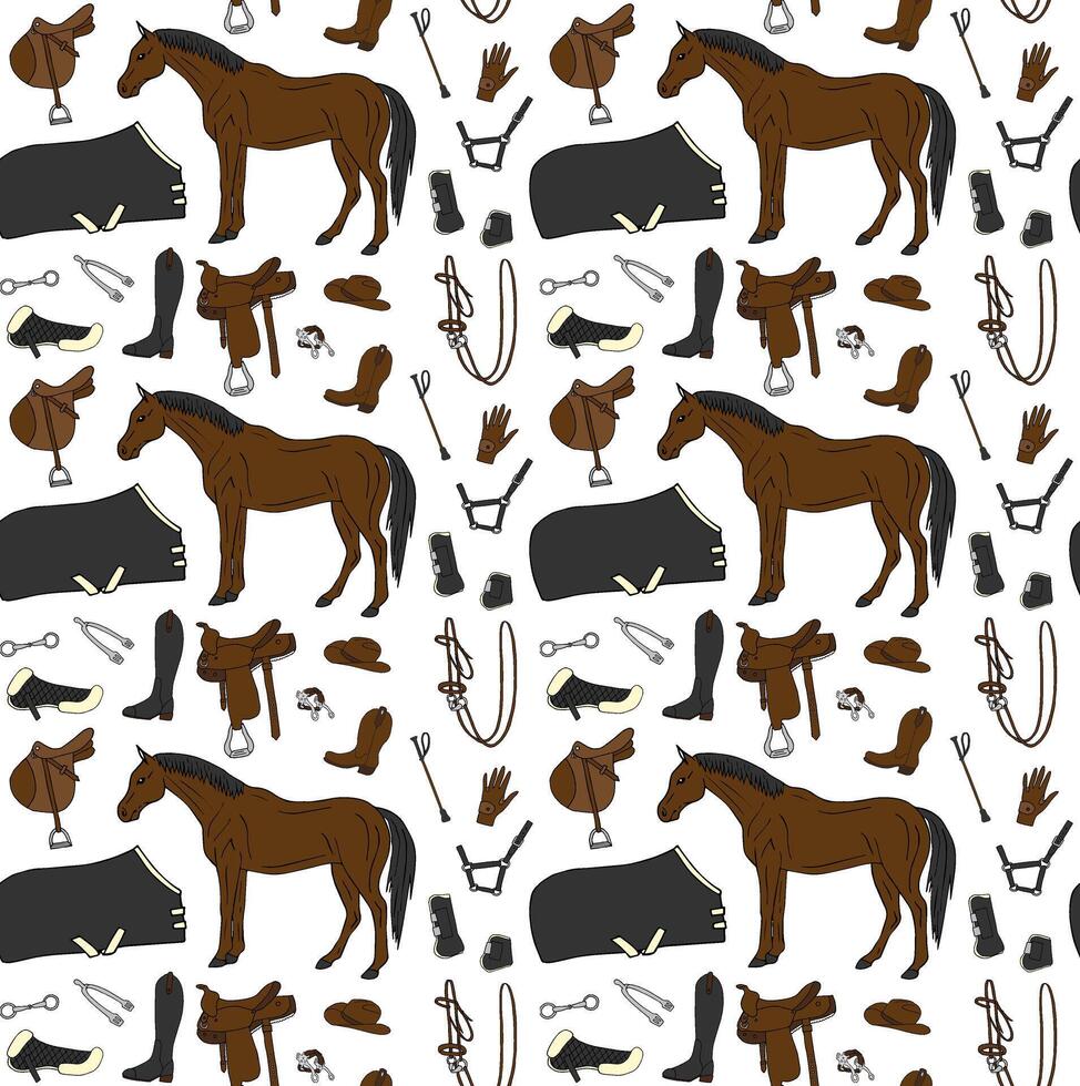 Seamless patterns of hand drawn doodle sketch horse riding equestrian equipment vector
