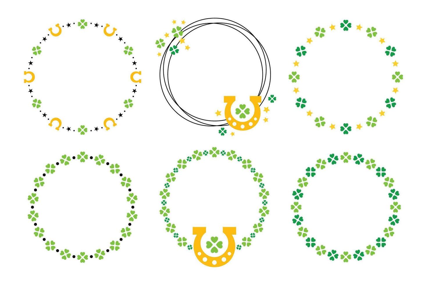 St. Patrick's Day Round Wreath Set, Green and Gold Clover, Horseshoe, and Star Circle Frame, Holiday Decorative Border Collection vector