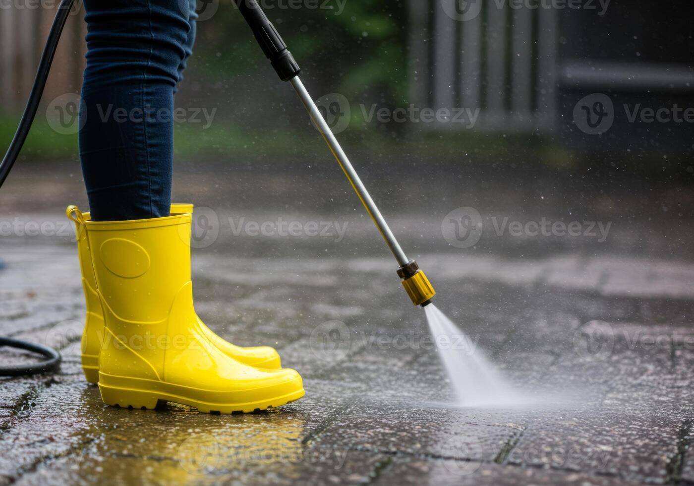A person in yellow rain boots cleans a patio with a power washer, creating a clean and refreshed look. Perfect for home improvement projects photo