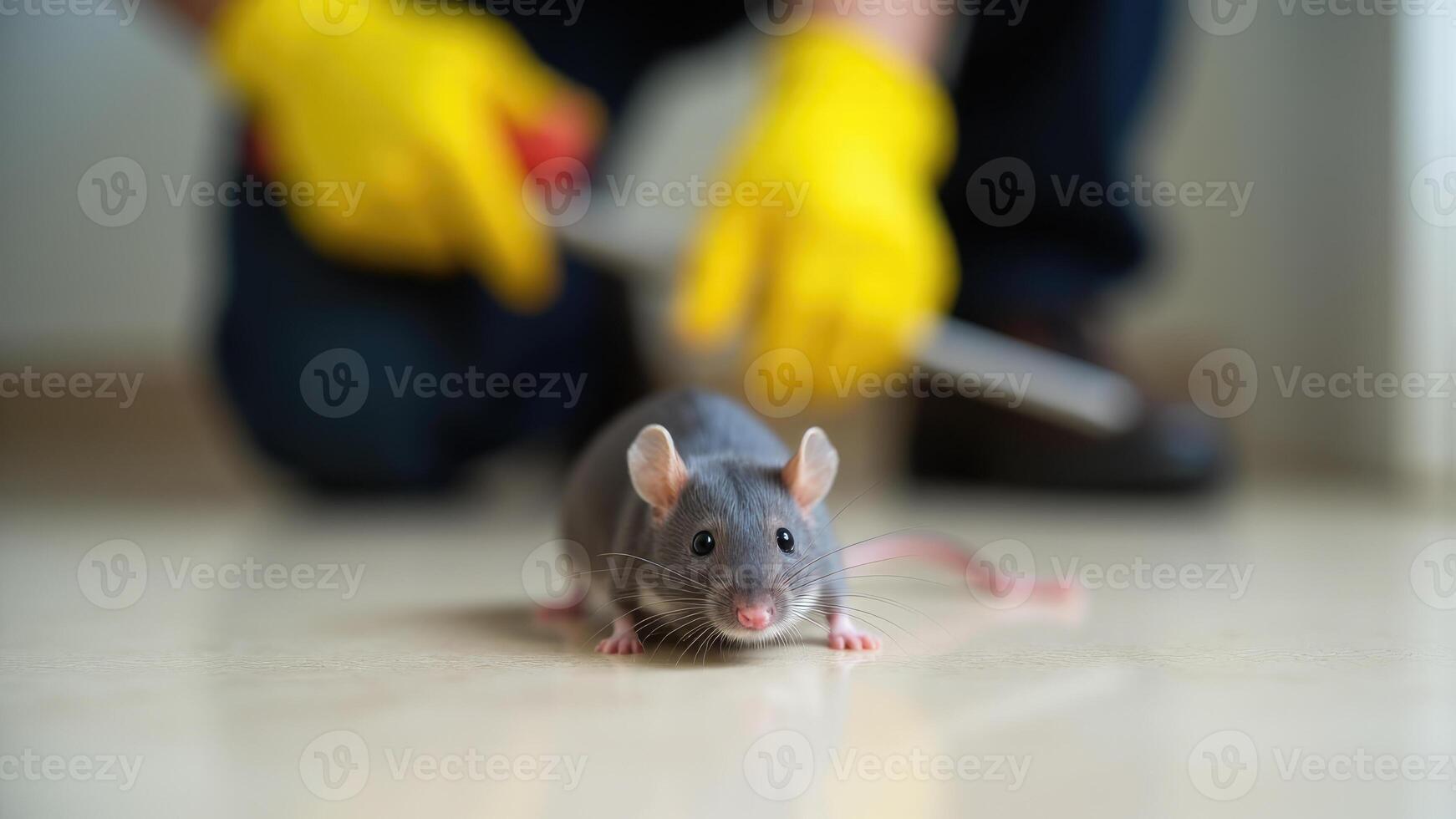 Man in Rubber Gloves on the Hunt for a Mouse in the House photo