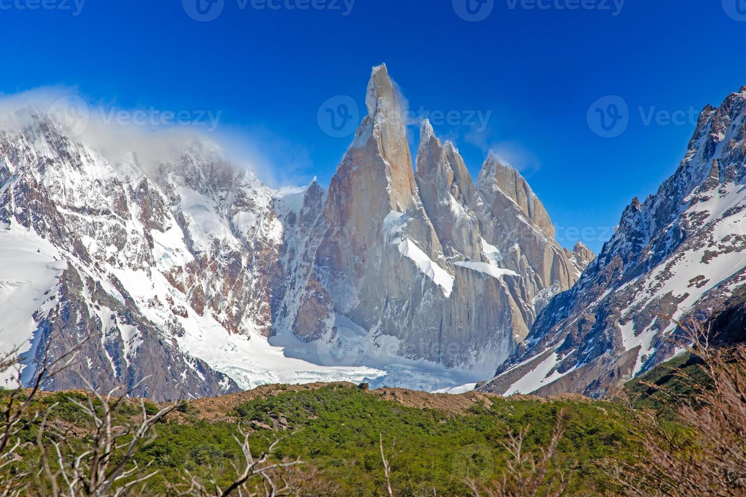 View of the valley towards Laguna Torre with Cerro Torre and surrounding peaks qp photo
