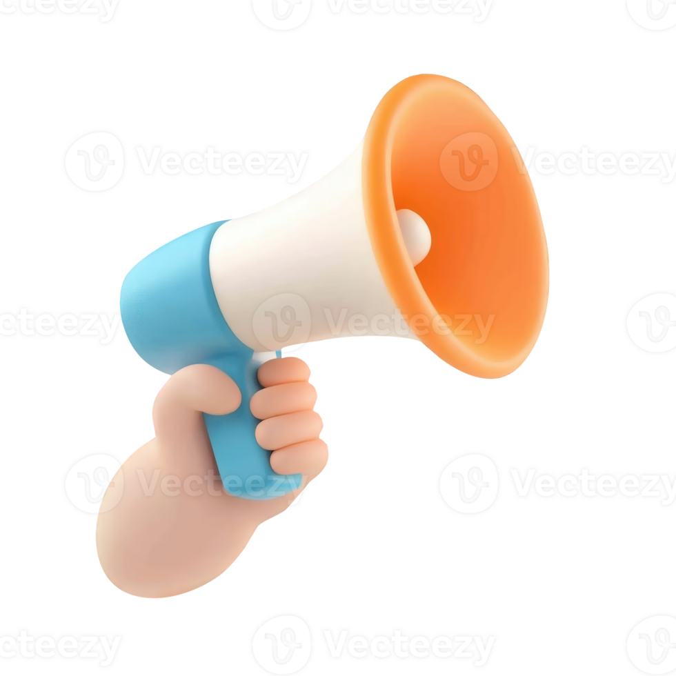 3d icon Hand holding megaphone cartoon style, message on cutout isolated on a transparent background for marketing communication needs png