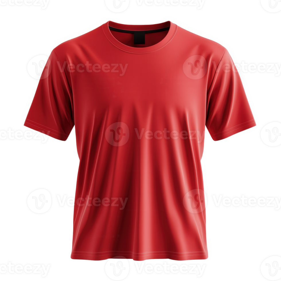 3d Red crew neck t-shirt lying flat, short sleeved mockup displaying graphic design cutout isolated on a transparent background png