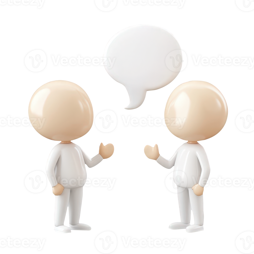3d icon Two people glossy white Person faceless wearing beige pants conversing, holding light blue speech bubbles against transparent backdrop png