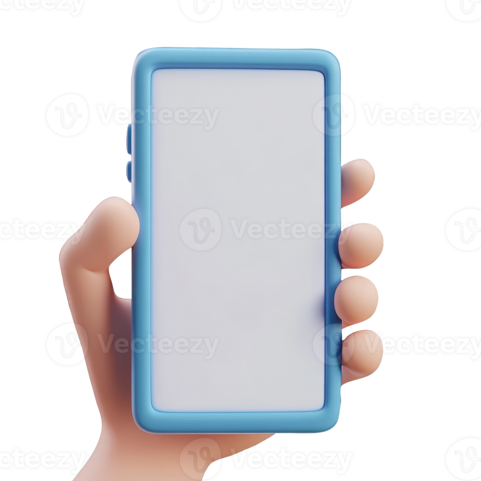 3d Hand holding blue smartphone displaying display empty blank white screen, ideal for mobile app mockup presentation cutout isolated on a transparent background png