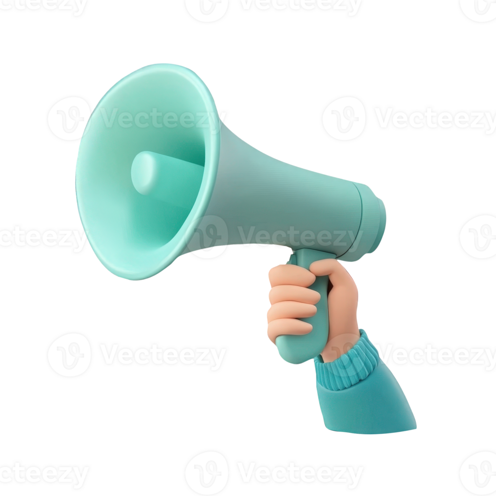 3d icon Hand holding megaphone with cartoon style, broadcasting message on transparent background for marketing communication needs png