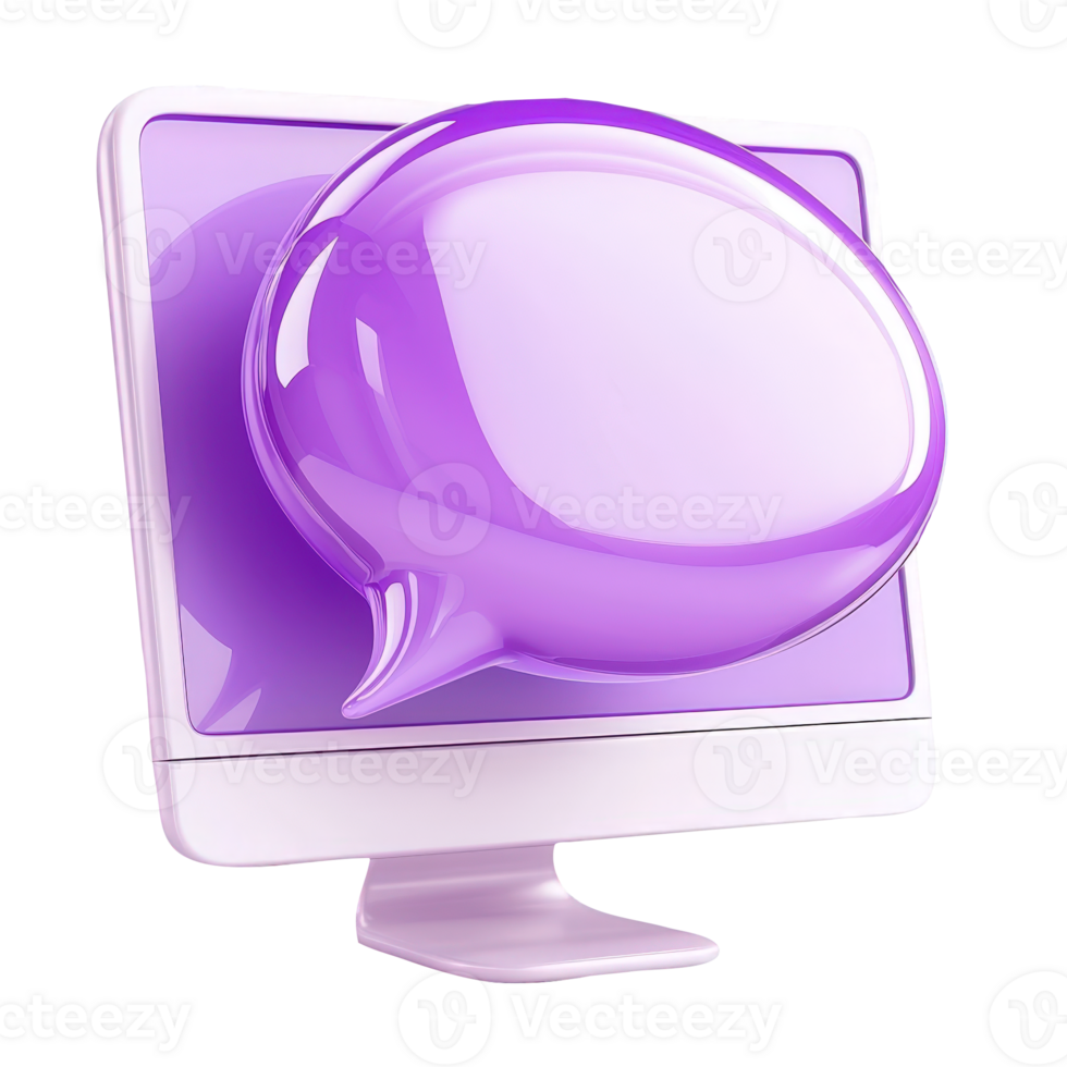 3d Purple speech online bubble glowing from computer screen, representing digital communication against transparent background png