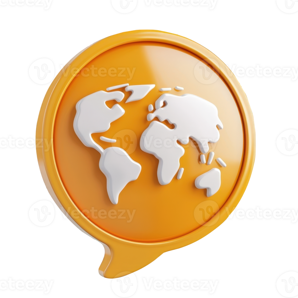 3d orange speech bubble showing white world map promoting global on transparent background png