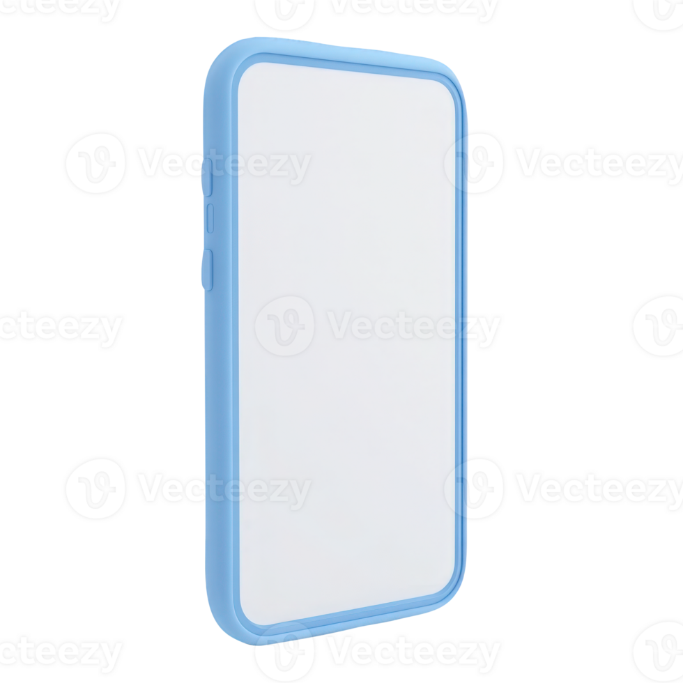 Light blue smartphone displaying blank screen, 3d mockup display empty for digital interface prototype, isolated transparent background png