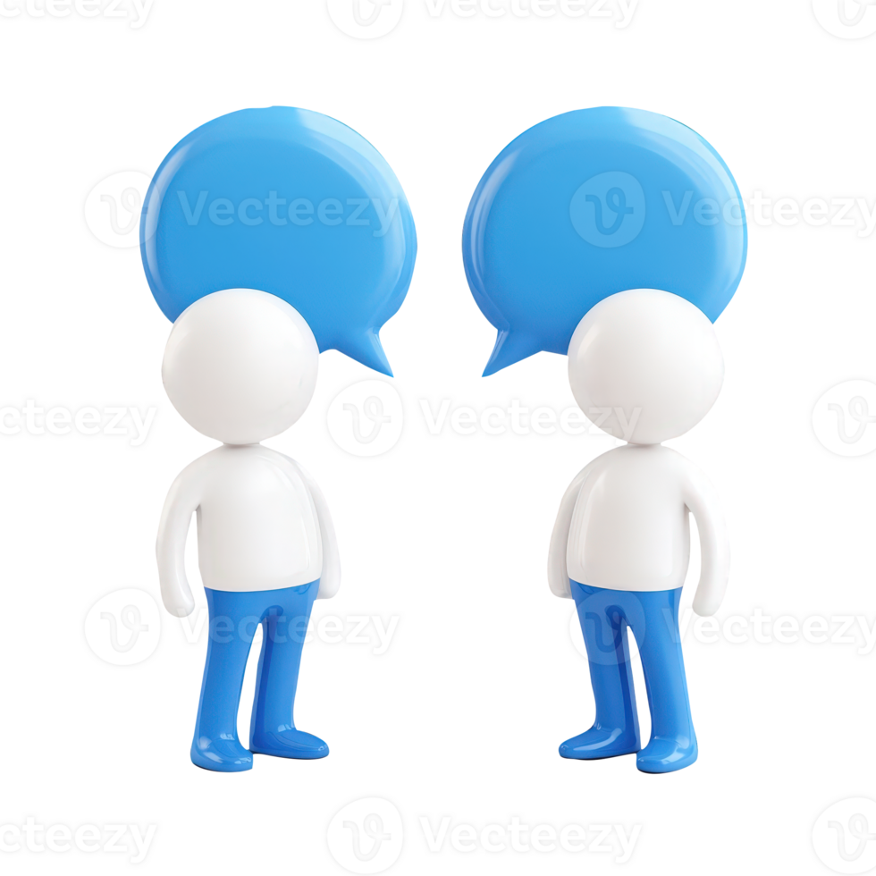 3d icon Two people glossy white Person faceless figures wearing blue conversing, holding light blue speech bubbles against transparent backdrop png