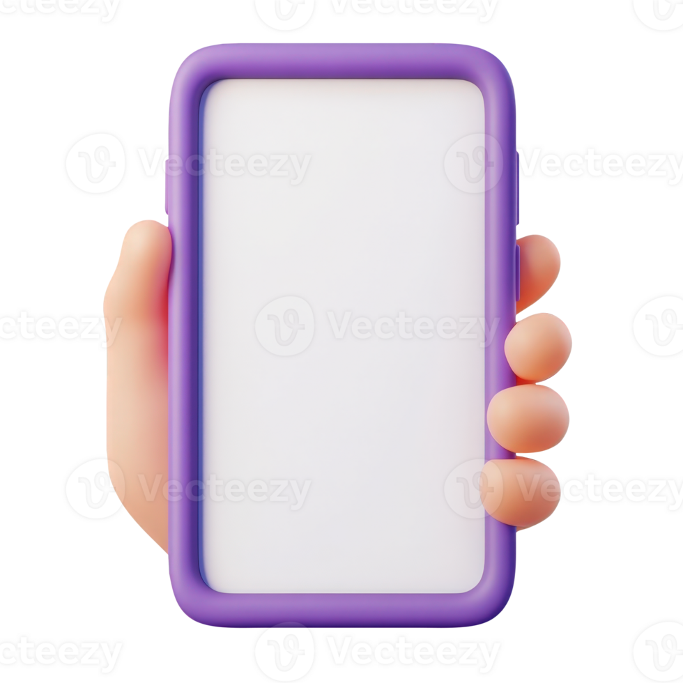 3d Hand holding Purple smartphone displaying blank white screen, ideal for mobile app mockup presentation cutout isolated on a transparent background png