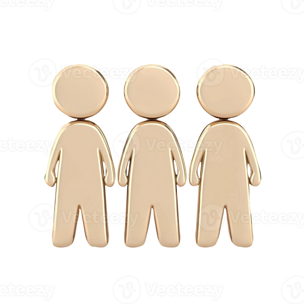3d icon user Golden human figurines of social team of tree people standing side by side on transparent representing unity and collaborative spirit of interconnected team png