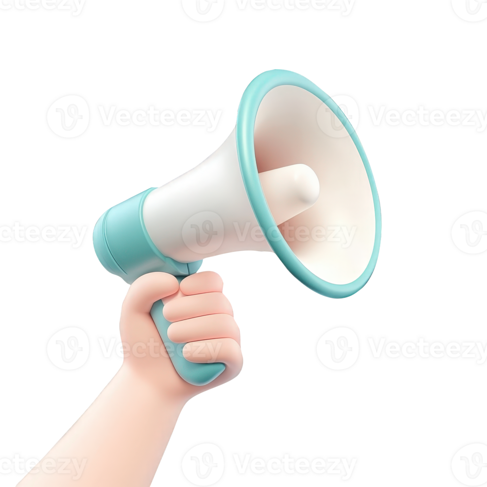 3d icon Hand holding megaphone with cartoon style, broadcasting message on cutout isolated on a transparent background for marketing communication needs png