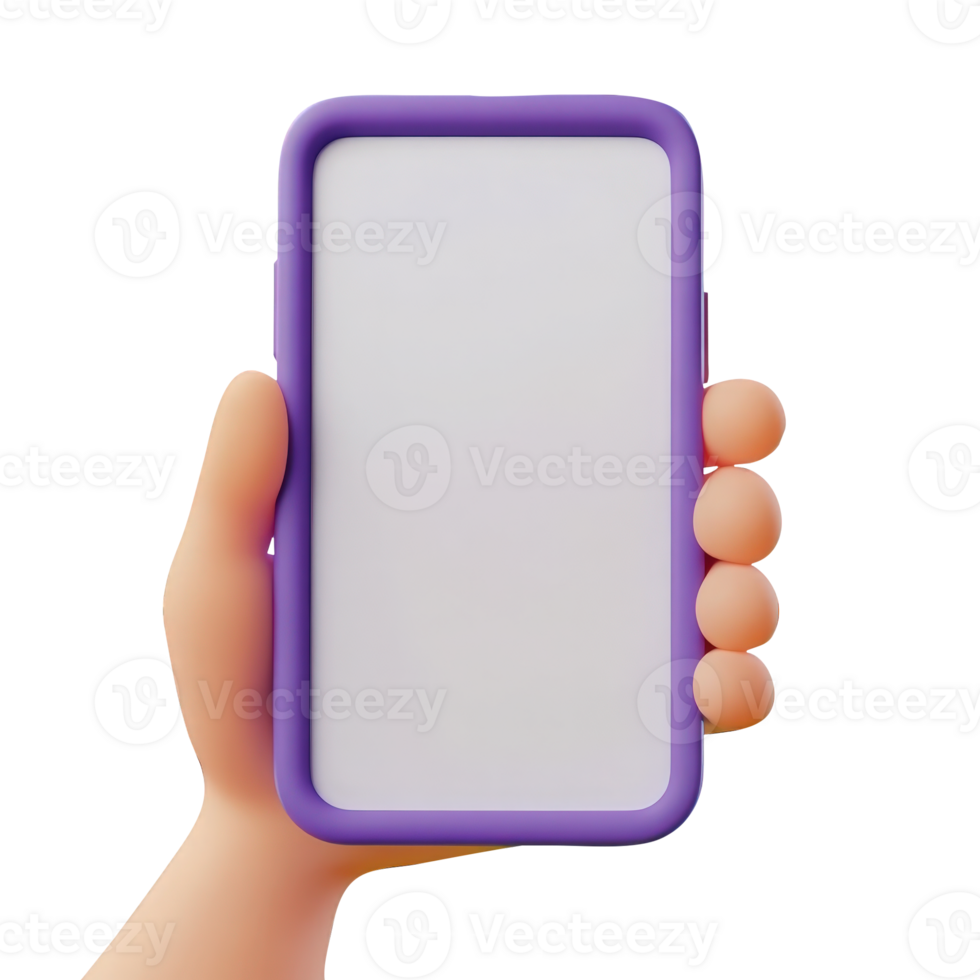 3d icon Hand holding Purple smartphone displaying blank white screen, ideal for mobile app mockup presentation cutout isolated on a transparent background png