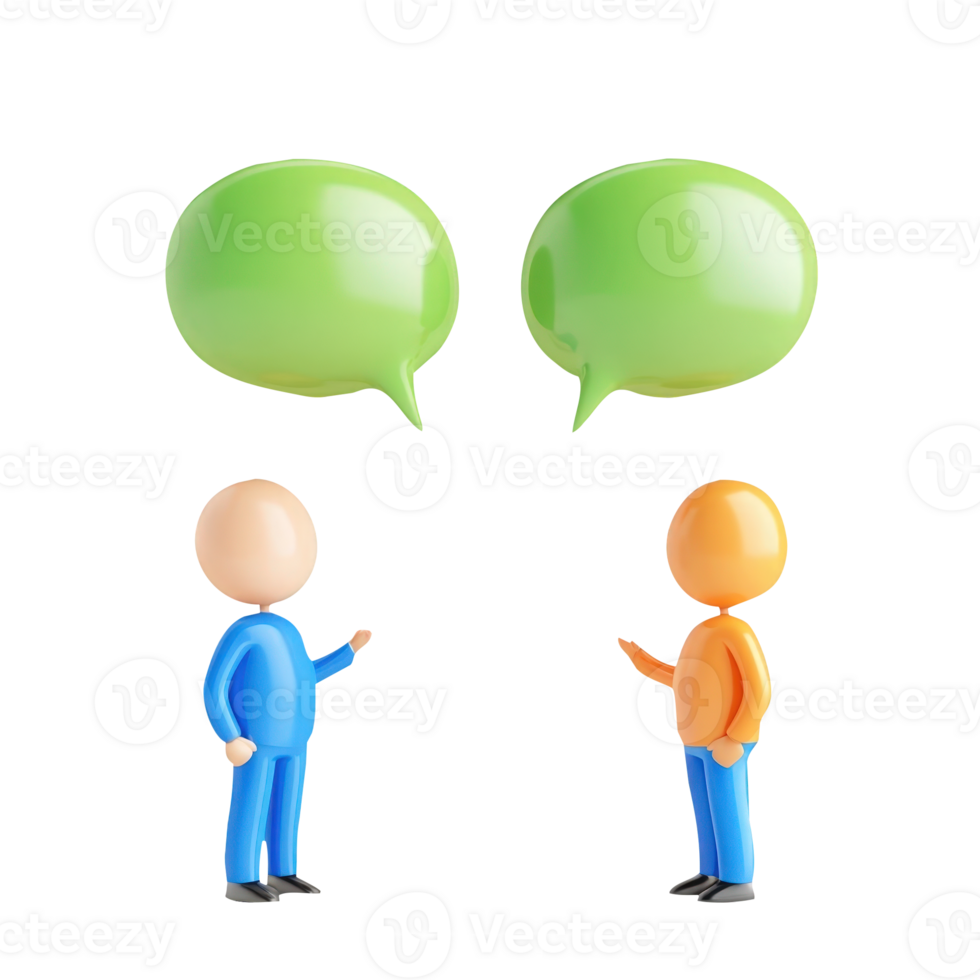 3d icon Two people glossy white Person faceless figures wearing blue pants conversing, light blue speech bubbles against transparent backdrop png
