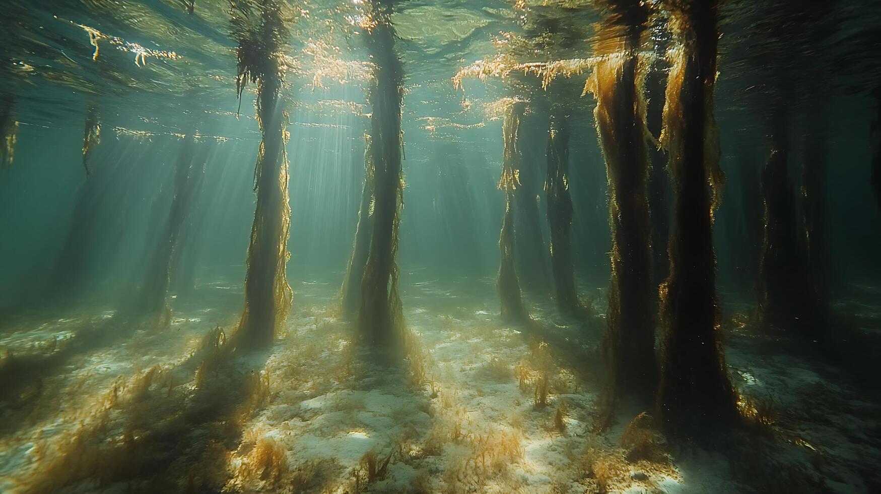 Underwater View of Seabed with Sunken Tree Trunks photo