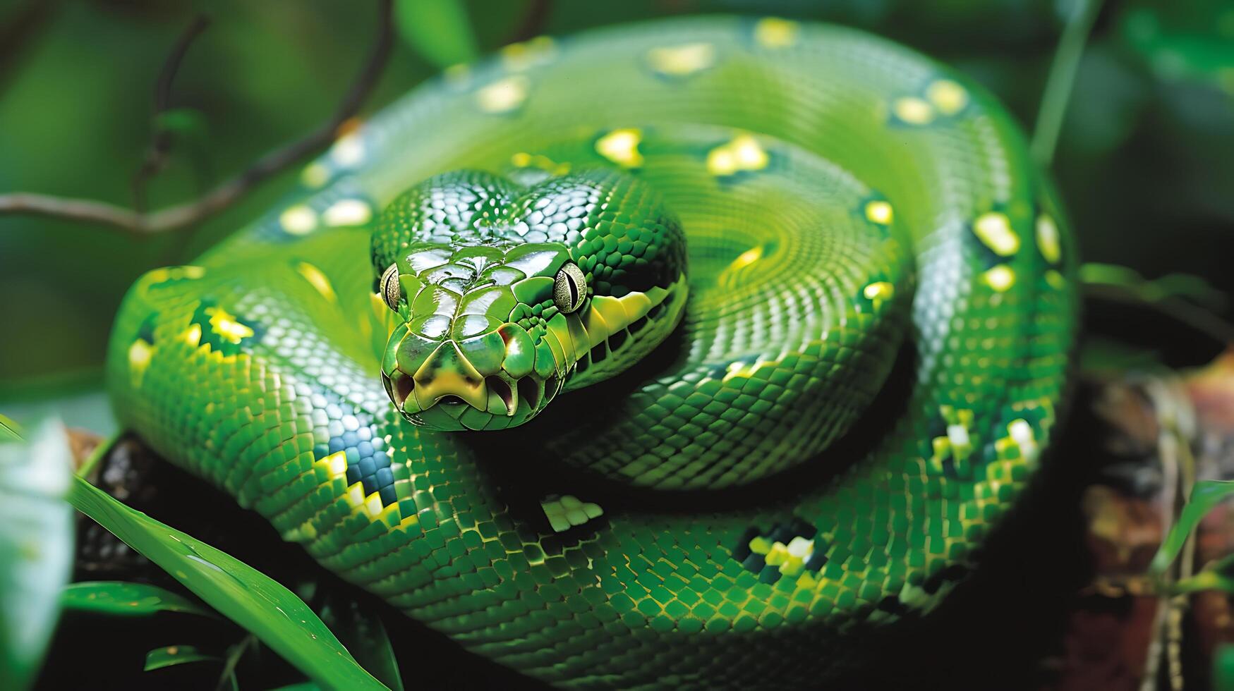 Green Tree Python Among Dense Forest Foliage photo