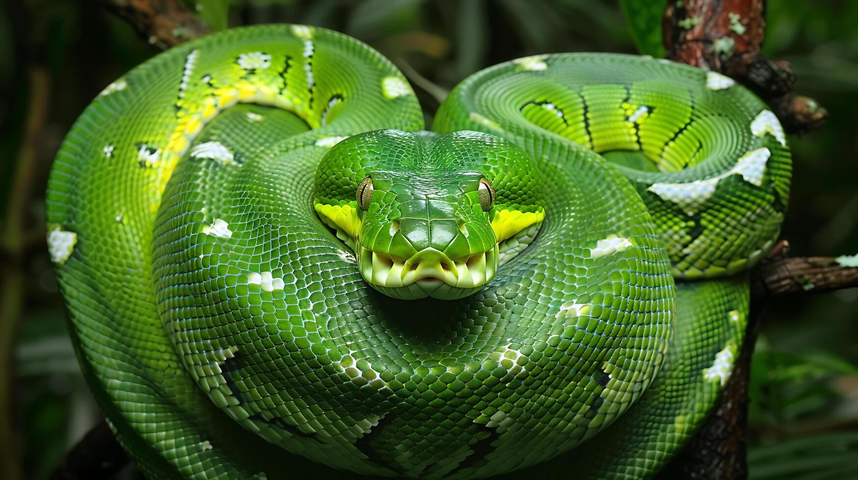 Green Reticulated Python Resting on a Tree Branch photo