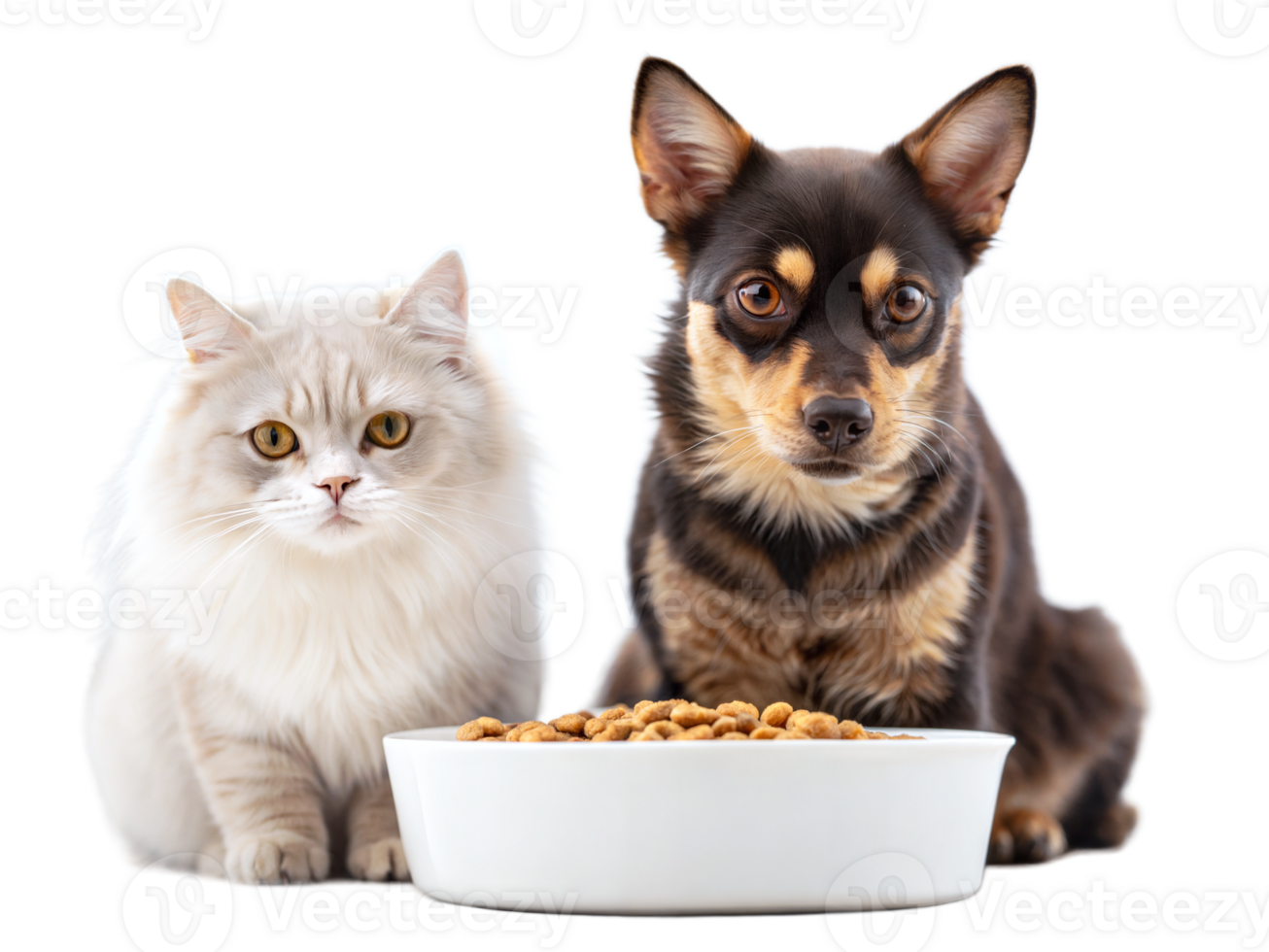 Cute little dog and cute cat eating food together from blank white bowl, isolated on transparent background png