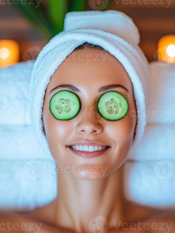 A relaxed woman enjoys a spa treatment with cucumber slices on her eyes, embodying tranquility and self-care. photo