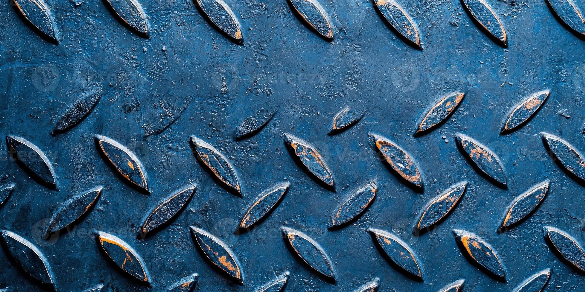 Close-up of textured metal surface featuring a blue background with diamond pattern, ideal for industrial design. photo
