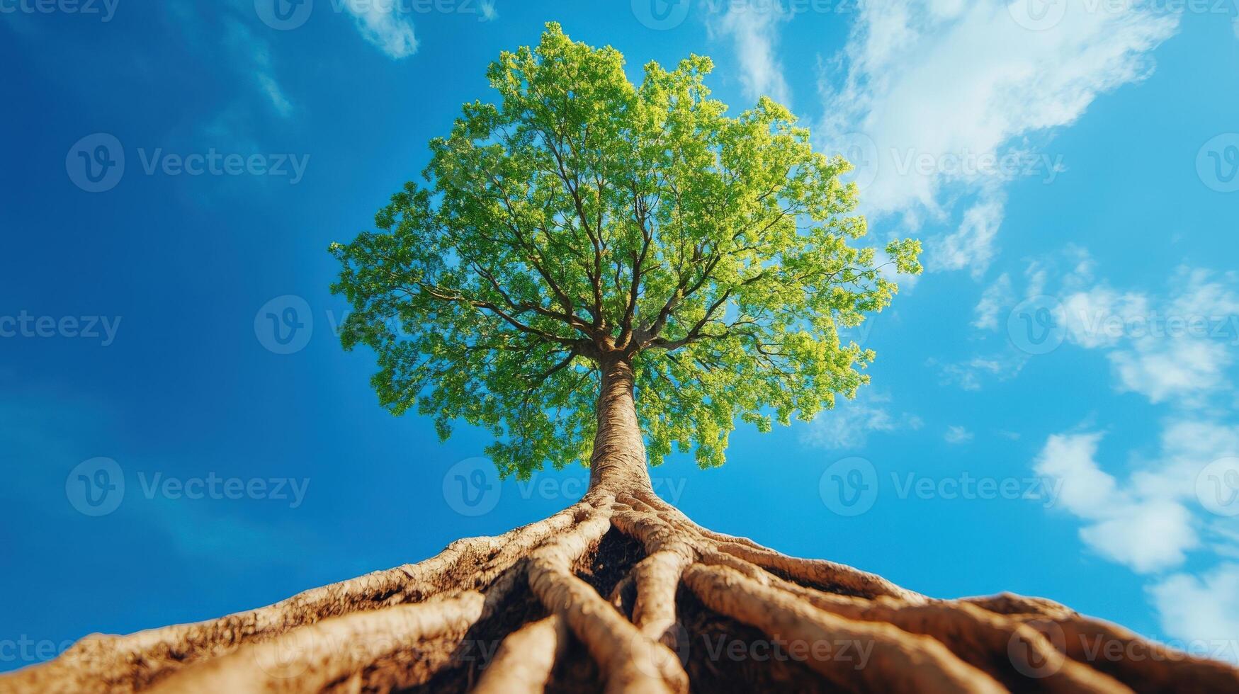 A majestic tree standing tall against a bright blue sky, showcasing its lush green leaves and intricate root system. photo