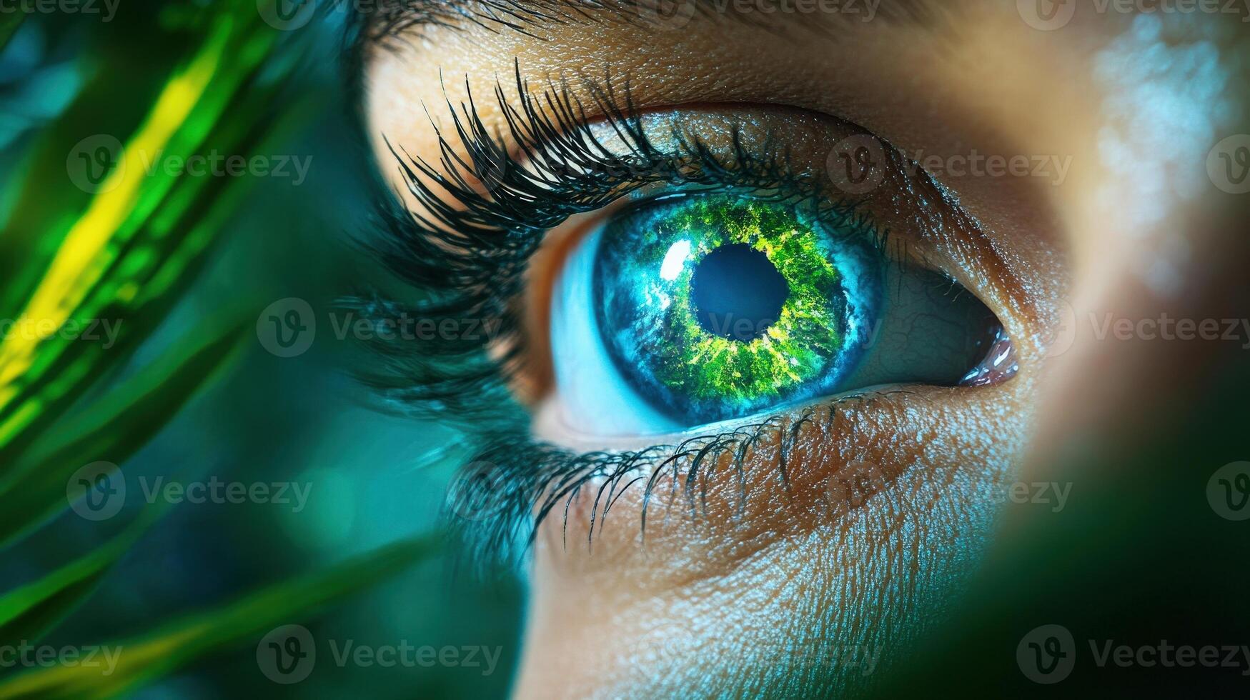 A close-up of an enchanting eye surrounded by green foliage, showcasing vibrant colors and intricate details, reflecting beauty and nature. photo