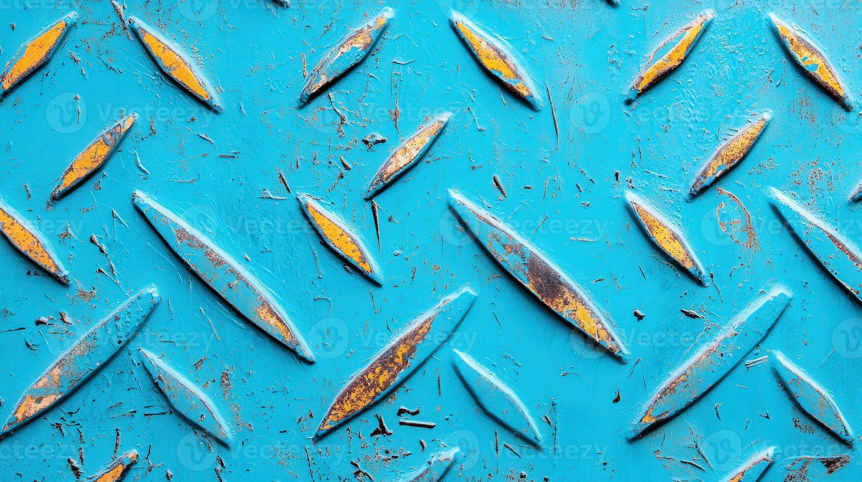 Close-up image of textured blue metal surface with diamond pattern and rust spots. photo